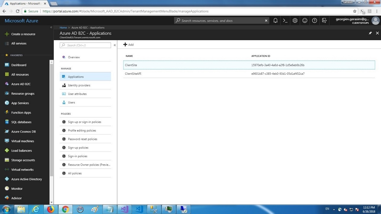 Associated applications with the Azure AD B2C directory